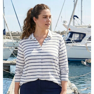 Croft & Barrow Striped Collared Long Sleeve Top Women’s XL Nautical Coastal